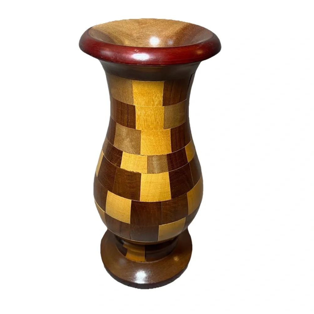 VTG Handcrafted Natural Wood Tones‎ Checkered Vase 9” Segmented Turned Wood Boho